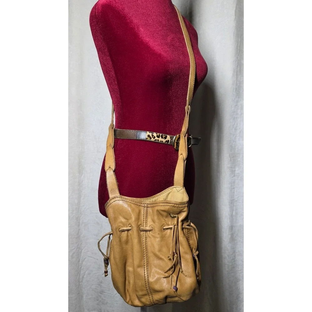 Lucky Brand Y2K Brown Lamb Leather Bucket Bag Boho Drawstring Crossbody Purse